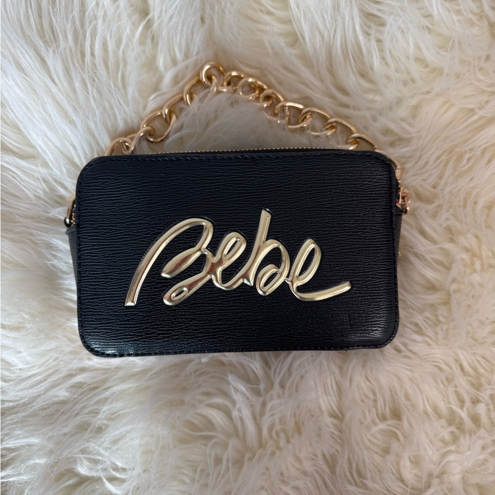 Bebe Black Clutch with Gold Chain Accent